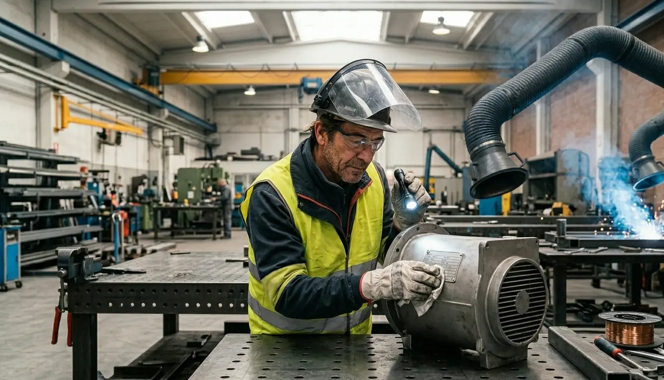 Tecnico controlla la certificazione W3 di un aspiratore fumi di saldatura per acciaio inox