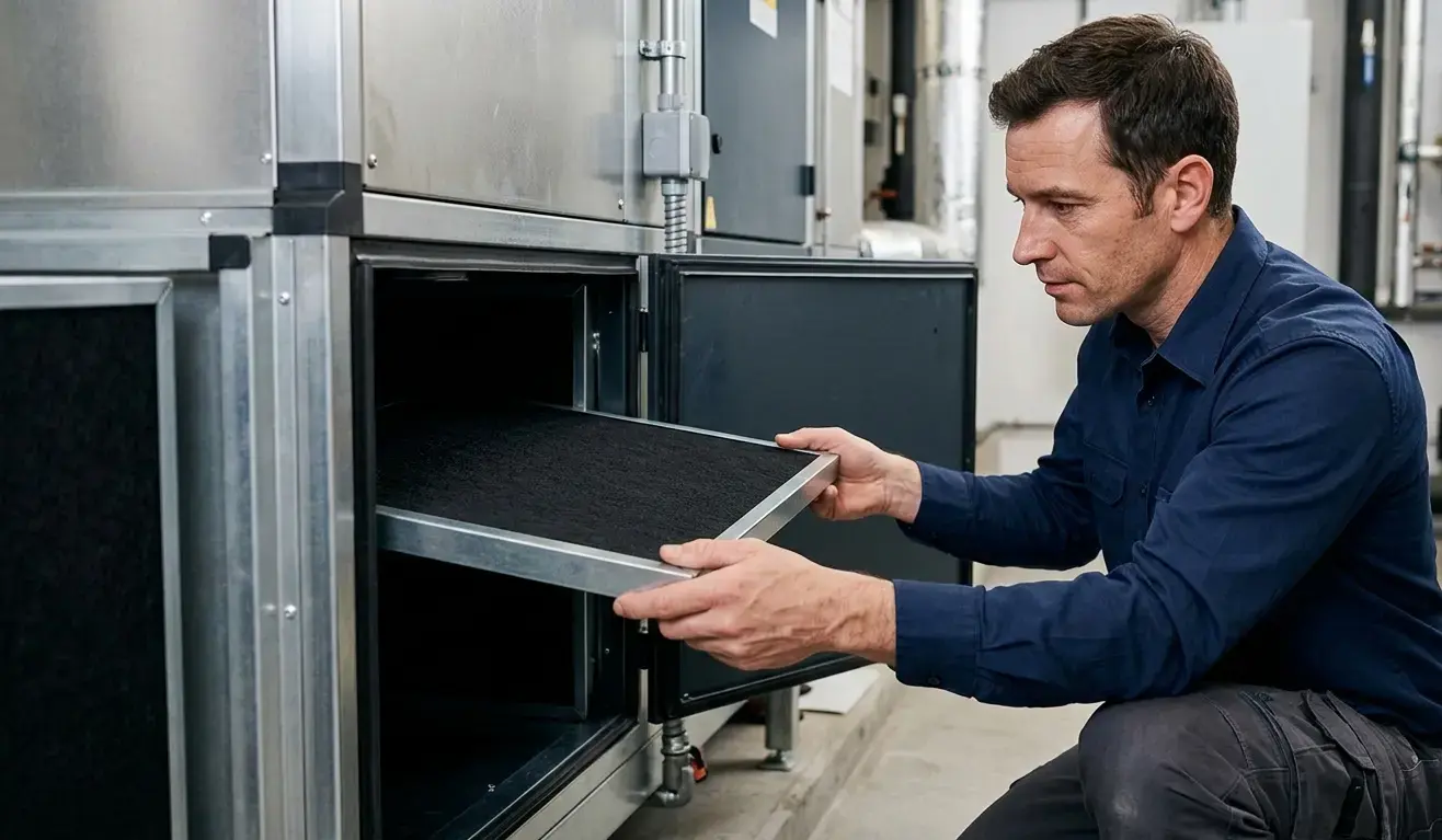 Tecnico inserisce una cella piana a carboni attivi in un'unità di trattamento aria