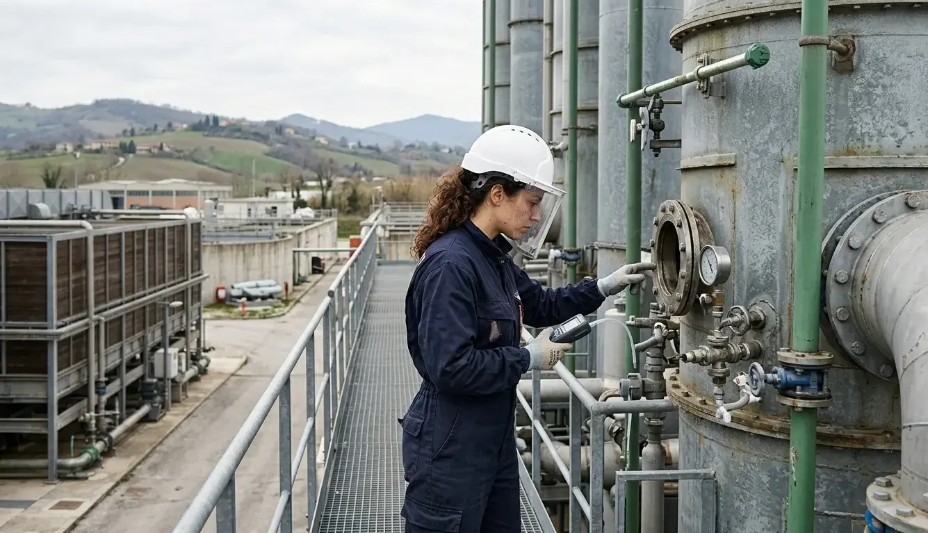Tecnico ispeziona una torre di lavaggio scrubber per l'abbattimento odori industriali