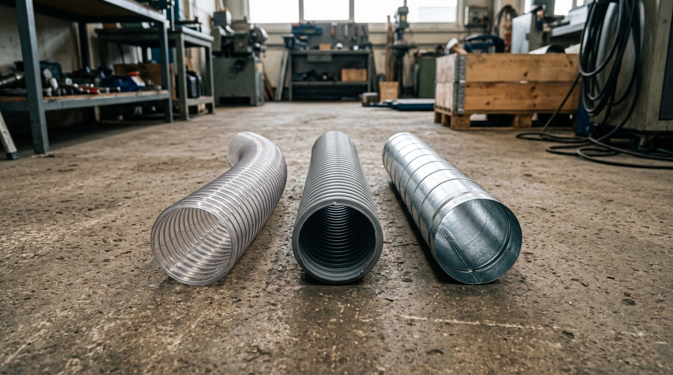 Photorealistic commercial photograph featuring a close-up comparison shot of three different industrial aspiration tube types laid side by side on a concrete workshop floor: a transparent PVC flexible spiral hose on the left, a grey polyethylene corrugated spiral tube in the centre, and a section of rigid galvanised steel duct on the right. The differences in material, texture and rigidity are clearly visible. No person required. Even natural overhead lighting, clean industrial workshop background. No text or logos anywhere in the image. Not CGI, not cartoon, not 3D rendered.
