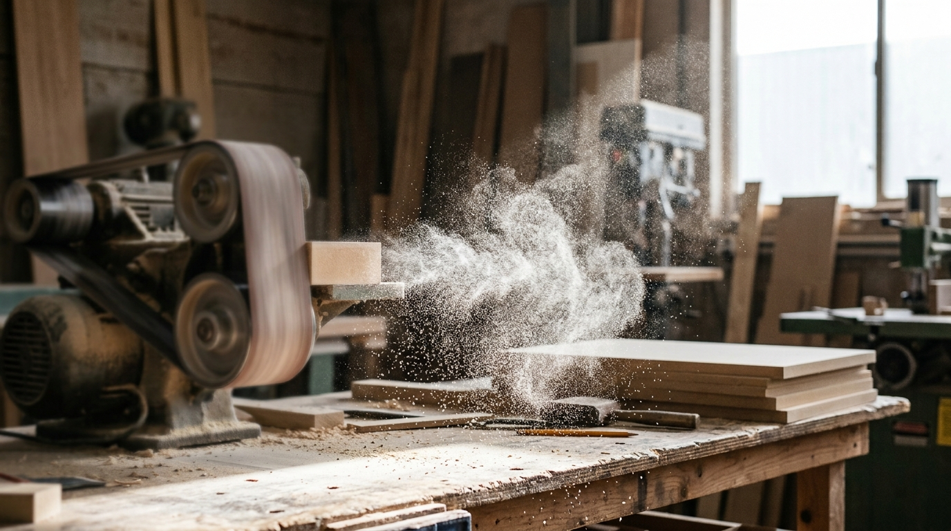 Nuvola di carteggiatura legno polveri fini MDF visibile nella luce in officina falegnameria senza aspirazione