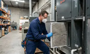 Tecnico industriale che rimuove un filtro aria condizionata sporco da un'unità di trattamento aria