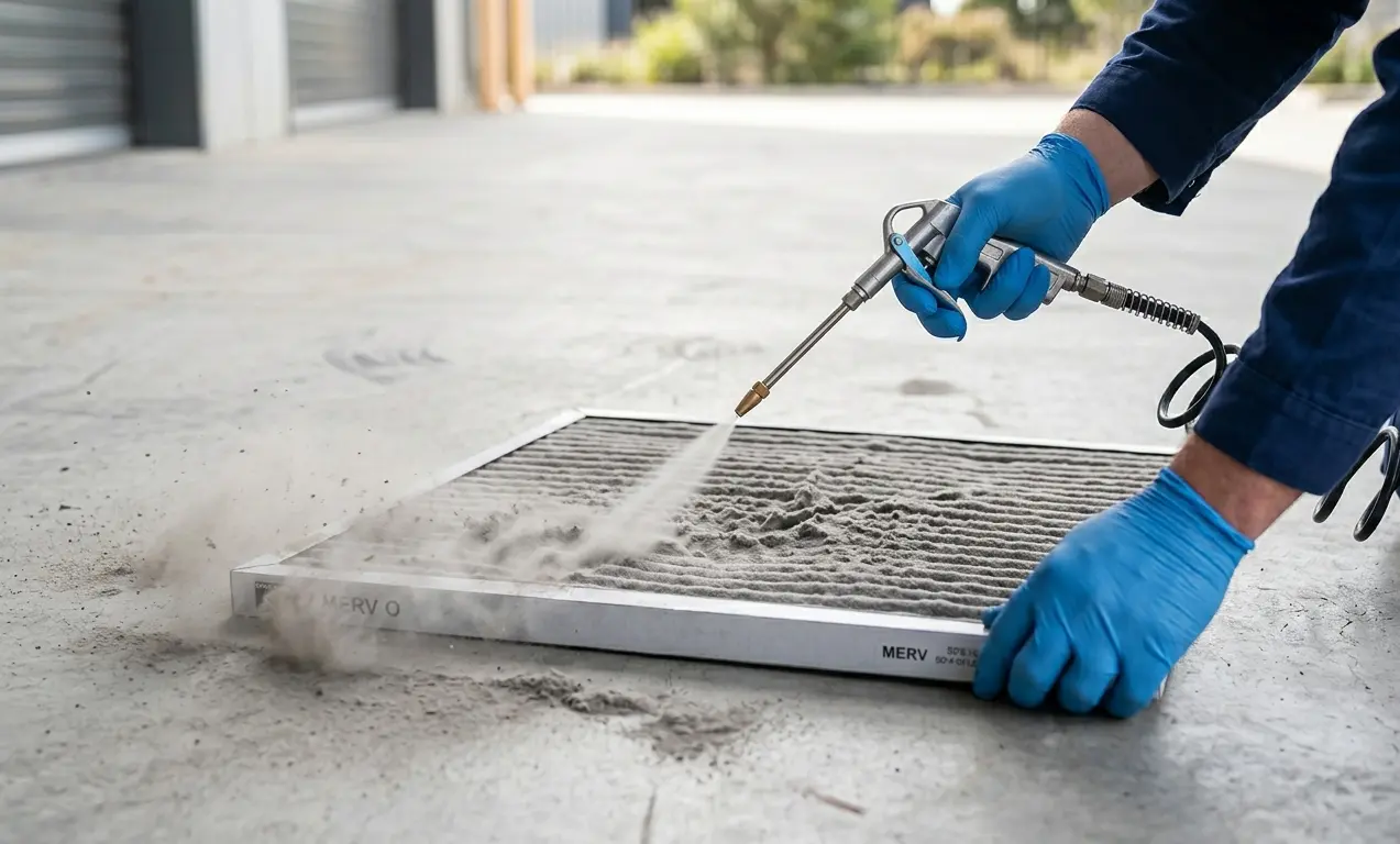 Pulizia di un filtro aria industriale con pistola ad aria compressa a bassa pressione