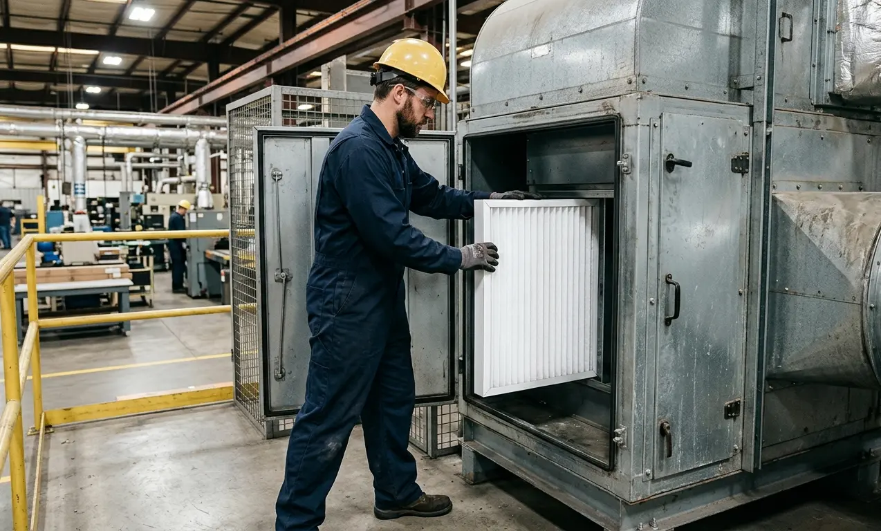 Installazione di un filtro aria condizionata nuovo in un impianto industriale durante la manutenzione
