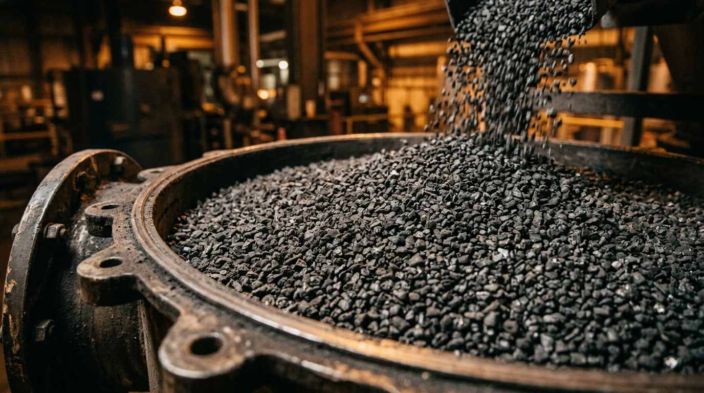 Carbone attivo granulare all'interno di un filtro industriale per abbattimento VOC