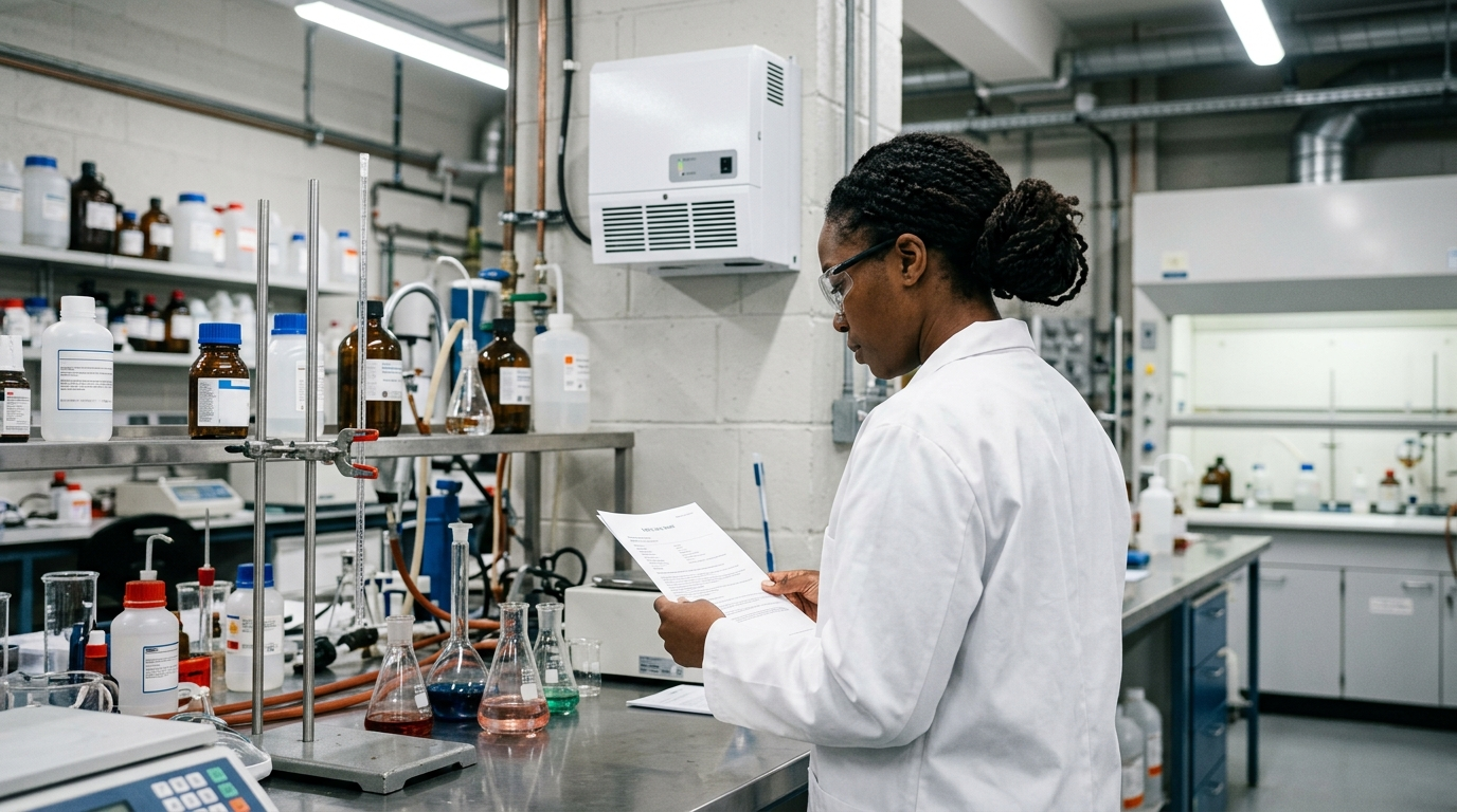 Tecnica di laboratorio verifica scheda di sicurezza con sistema deodorizzazione aria industriale attivo
