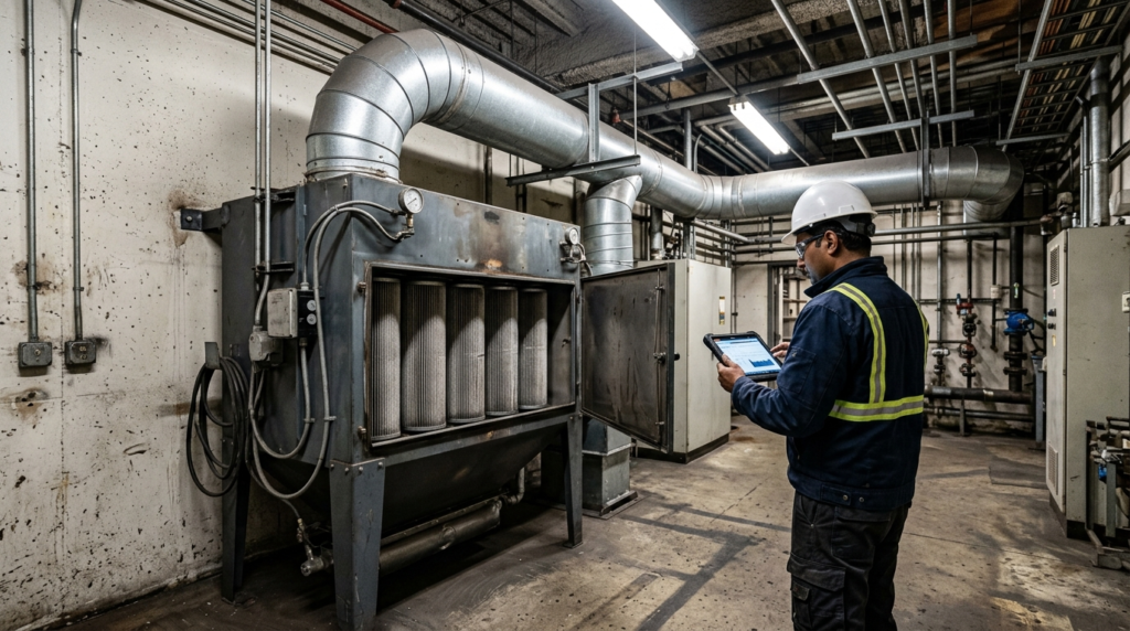 Ingegnere esamina filtro a cartucce industriale con sistema pulse-jet in impianto aspirazione fabbrica