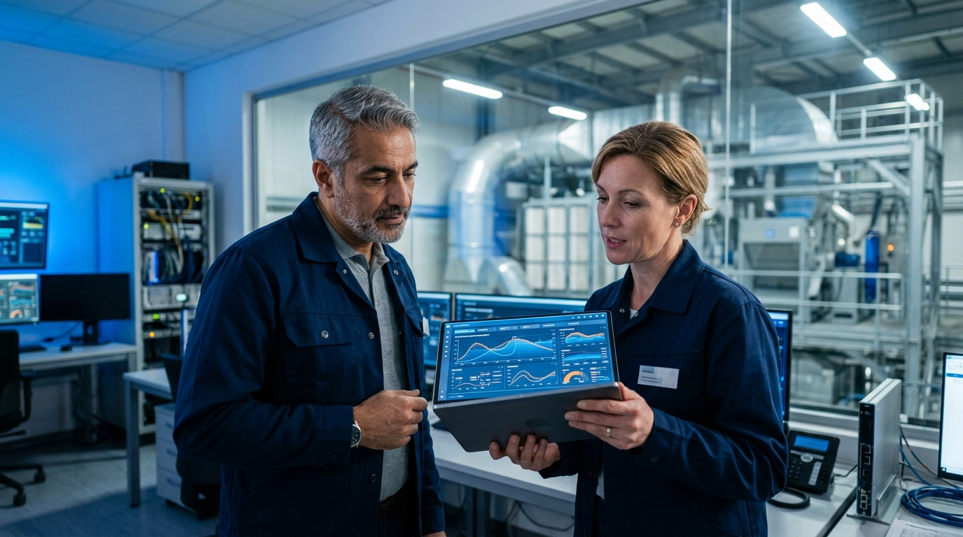 Responsabile HSE verifica registro manutenzione filtri aria industriale durante ispezione impianto aspirazione