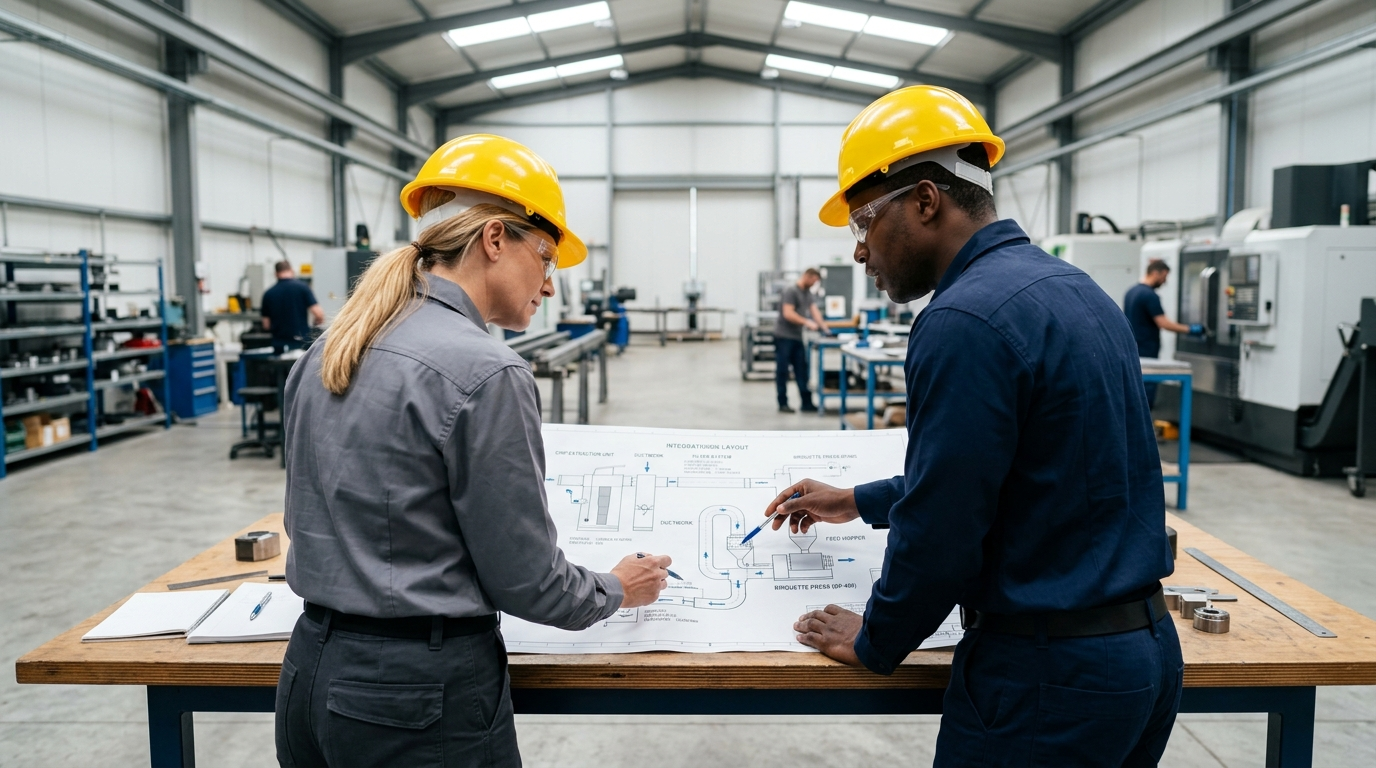 Team tecnico AIRMEC progetta integrazione bricchettatrice legno con impianto aspirazione centralizzato