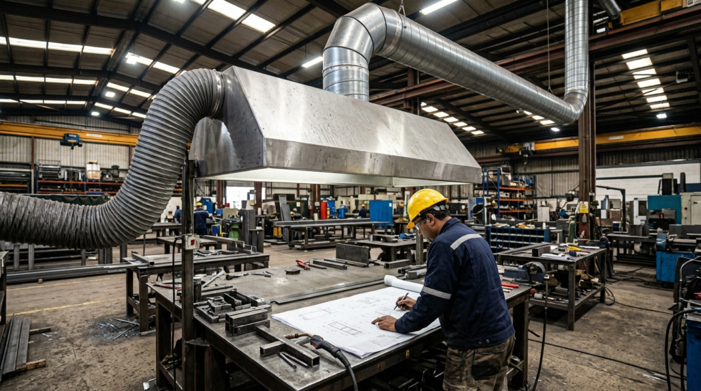 Ingegnere verifica cappa aspirazione industriale sopra postazione in reparto di lavorazione metalli