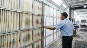 Responsabile officina esamina filtro paint stop verniciatura in fibra di vetro montato in cabina a secco