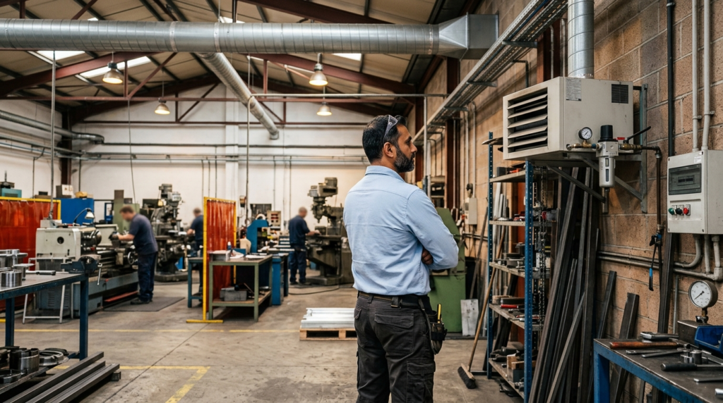 Responsabile officina esamina sistema di deodorizzazione aria industriale installato su parete del reparto