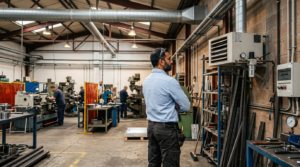 Responsabile officina esamina sistema di deodorizzazione aria industriale installato su parete del reparto