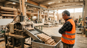 Falegname supervisiona produzione bricchetti in bricchettatrice legno idraulica in falegnameria industriale