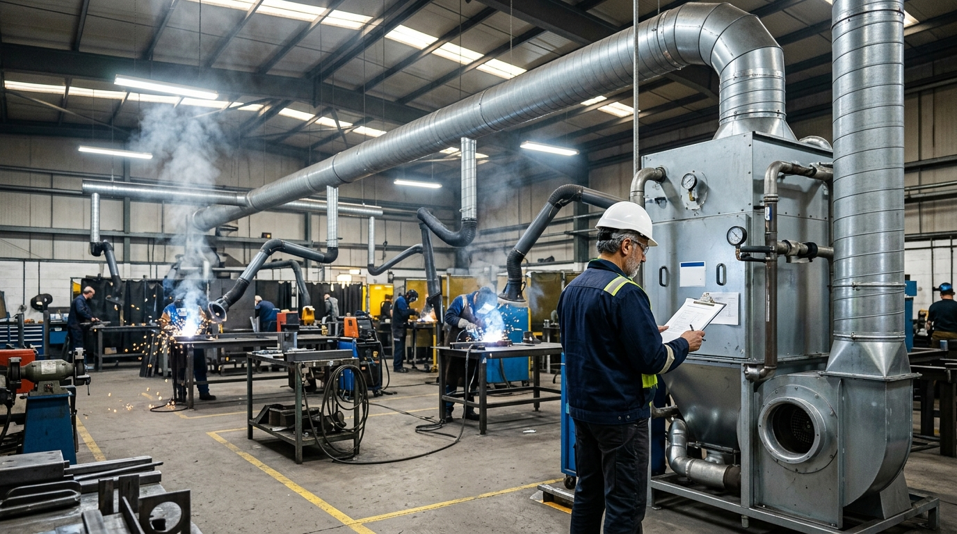 Responsabile reparto esamina sistema abbattimento fumi saldatura con bracci aspiranti in officina metalmeccanica