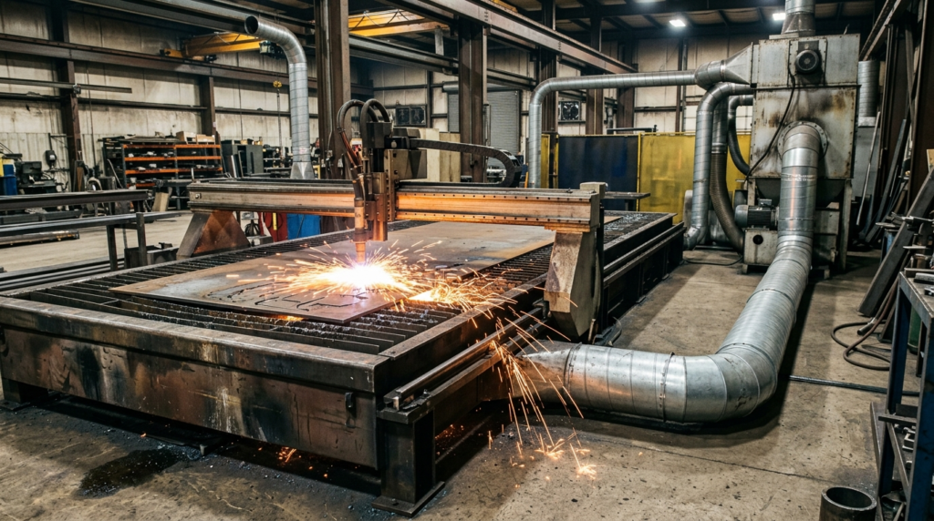 Tavola da taglio plasma con sistema di aspirazione downdraft in funzione in officina