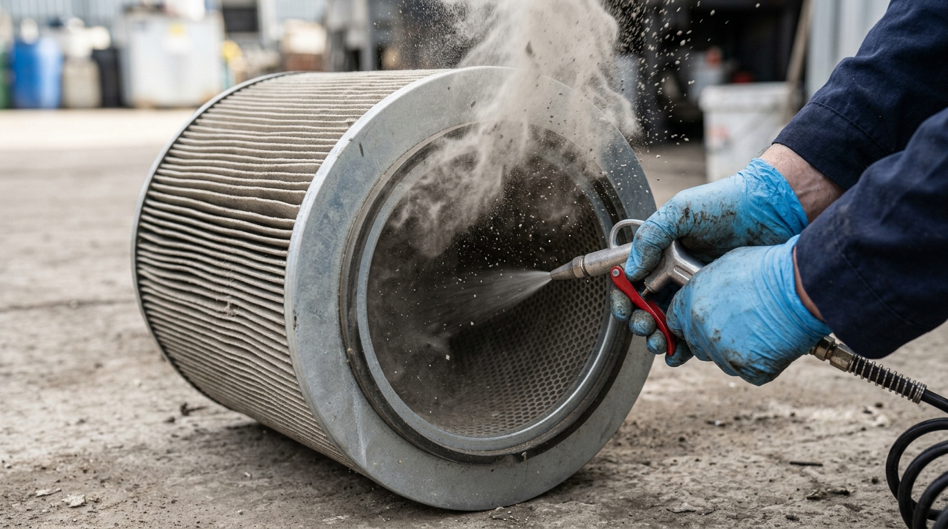 Pulizia filtro a cartucce con aria compressa controcorrente procedura corretta per filtri aria industriale