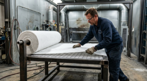 Rotolo filtro vetrox installato su telaio di cabina di verniciatura industriale