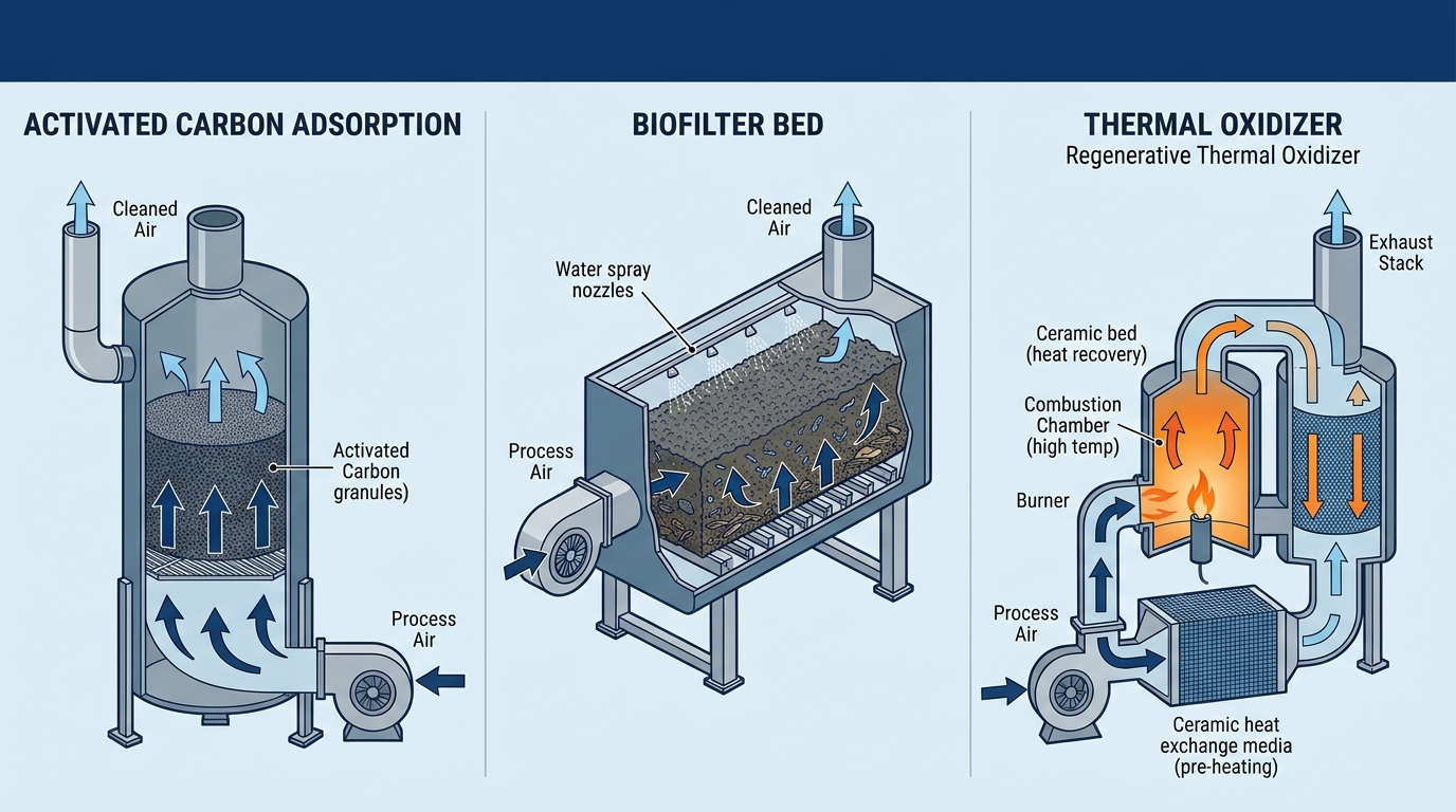 Confronto visivo tra carbone attivo, biofiltro e ossidazione termica per abbattimento VOC industriali