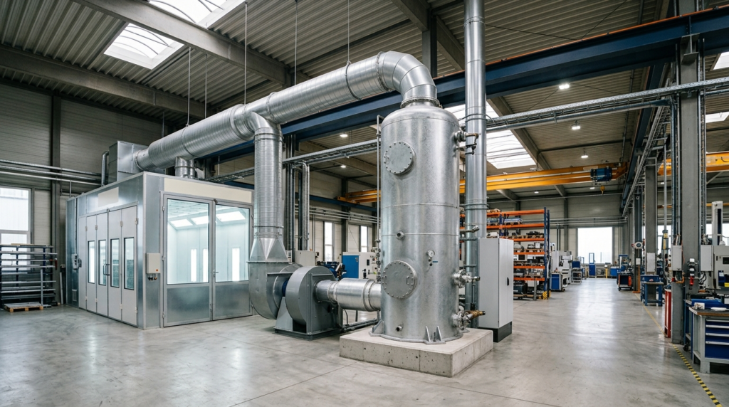 Sistema industriale di abbattimento VOC con torre a carbone attivo collegata a un impianto di verniciatura