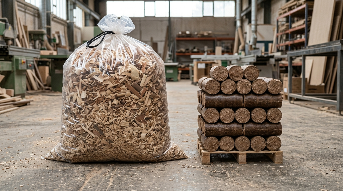 Confronto tra sacco trucioli sfusi e bricchetti compatti prodotti da bricchettatrice legno stesso materiale