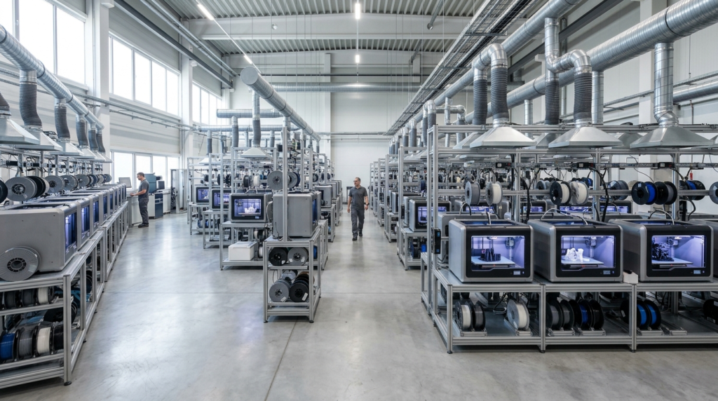 Sistema di aspirazione fumi stampa 3D in un print farm industriale