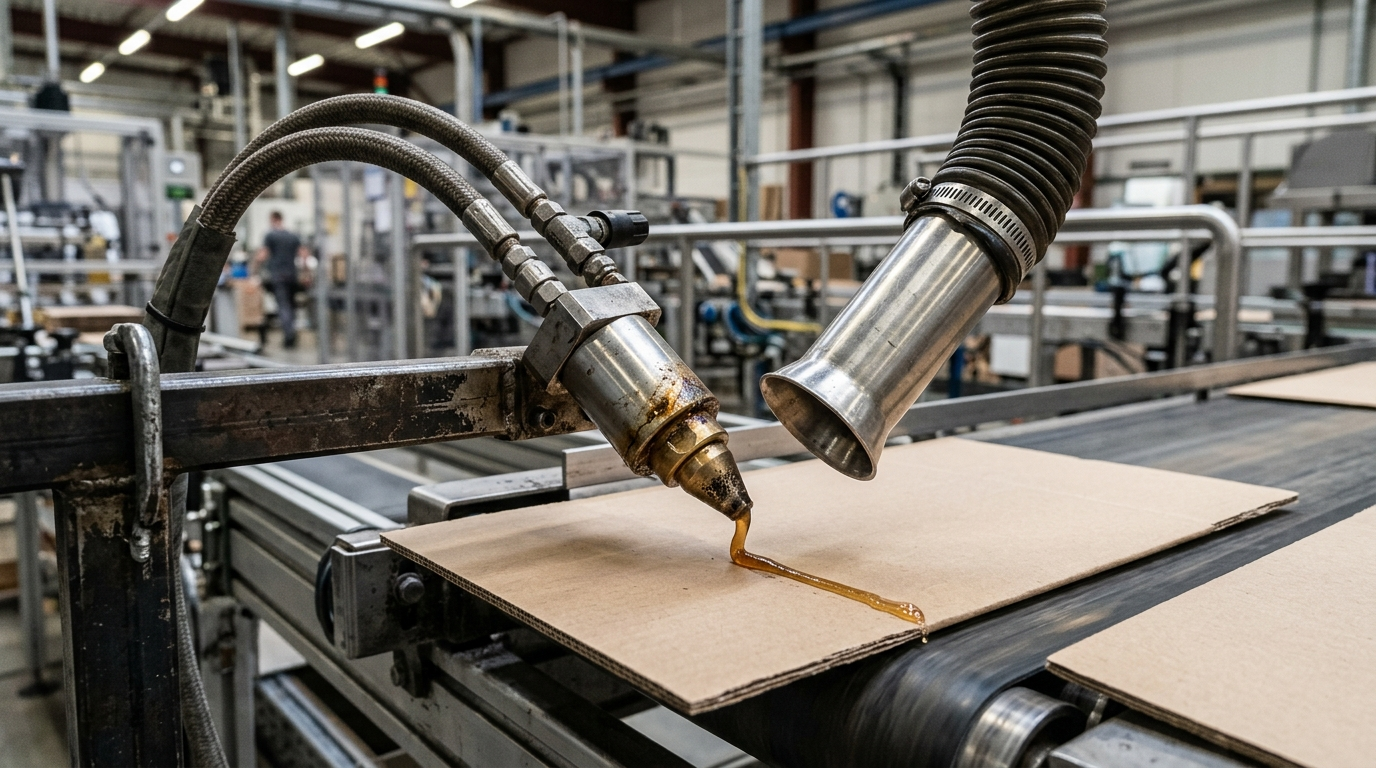 Aspirazione locale su una postazione di incollaggio in una linea di packaging industriale