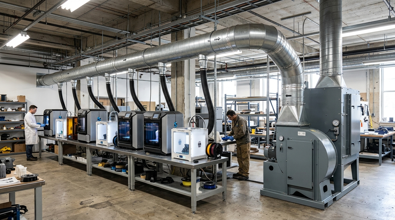 Rete di aspirazione centralizzata per un print farm con più stampanti 3D industriali