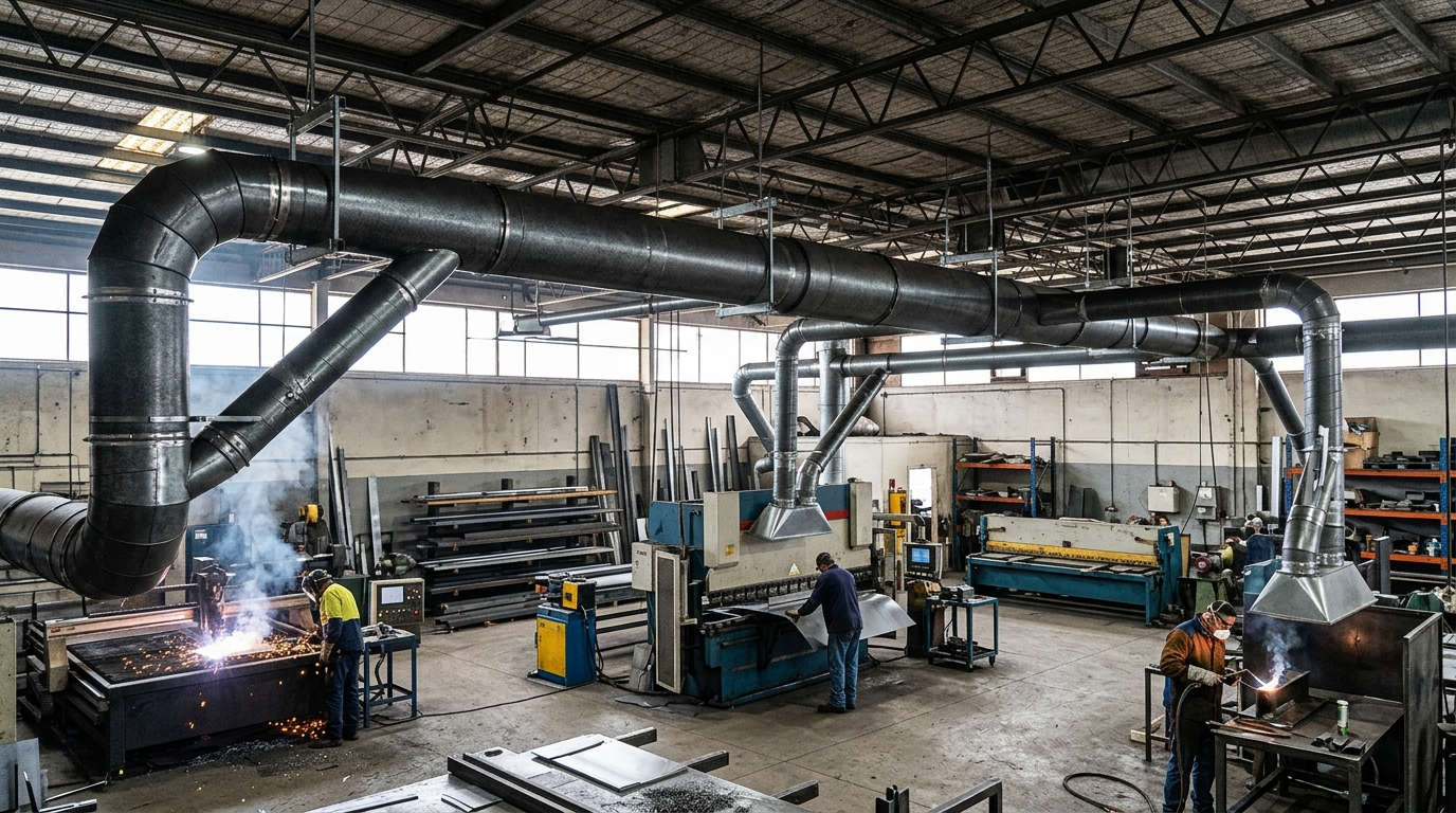 Rete di aspirazione centralizzata per più postazioni in un'officina di lattoneria industriale