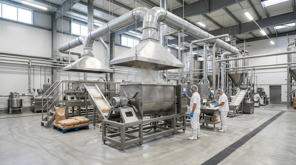 Sistema di aspirazione aria industria alimentare in una linea di produzione con polveri di farina