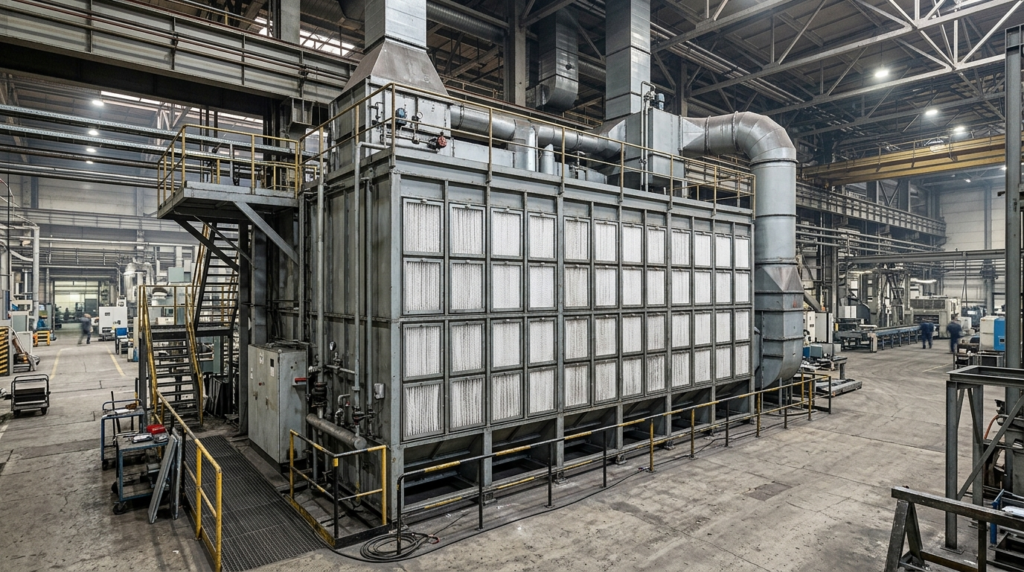 Sistema di filtro aria industriale multi-stadio in un impianto produttivo