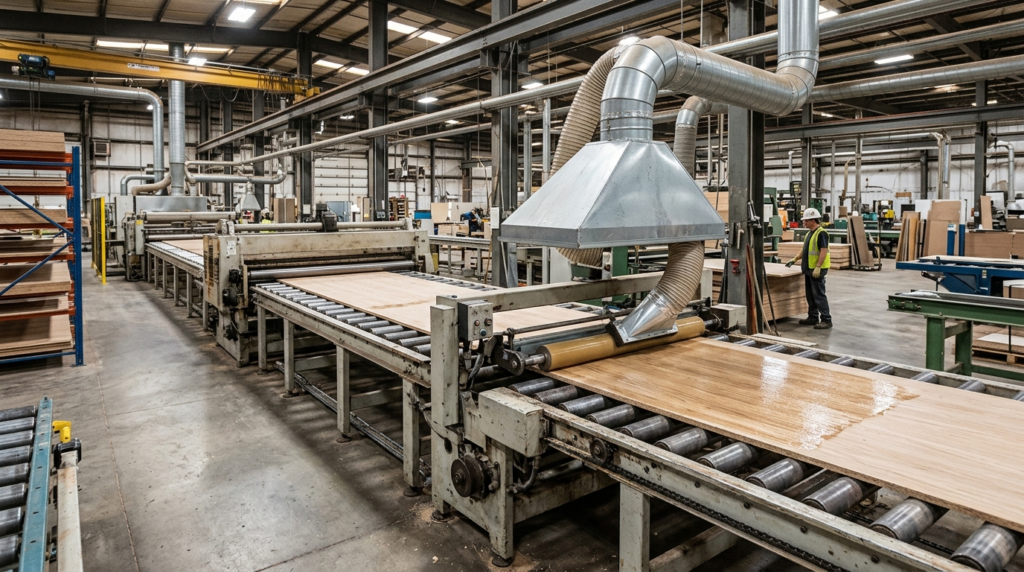 Sistema di aspirazione fumi colla industriale su una linea di laminazione legno