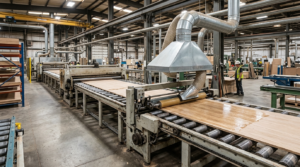 Sistema di aspirazione fumi colla industriale su una linea di laminazione legno