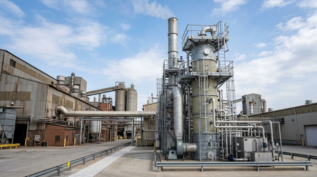 Scrubber industriale a torre per il lavaggio dell'aria in un impianto produttivo