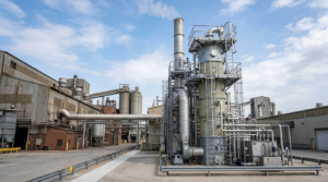Scrubber industriale a torre per il lavaggio dell'aria in un impianto produttivo