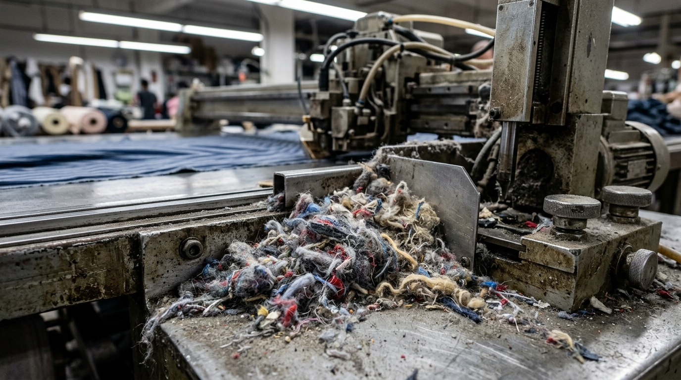 Accumulo di lanugine tessile su un macchinario in un'officina di taglio