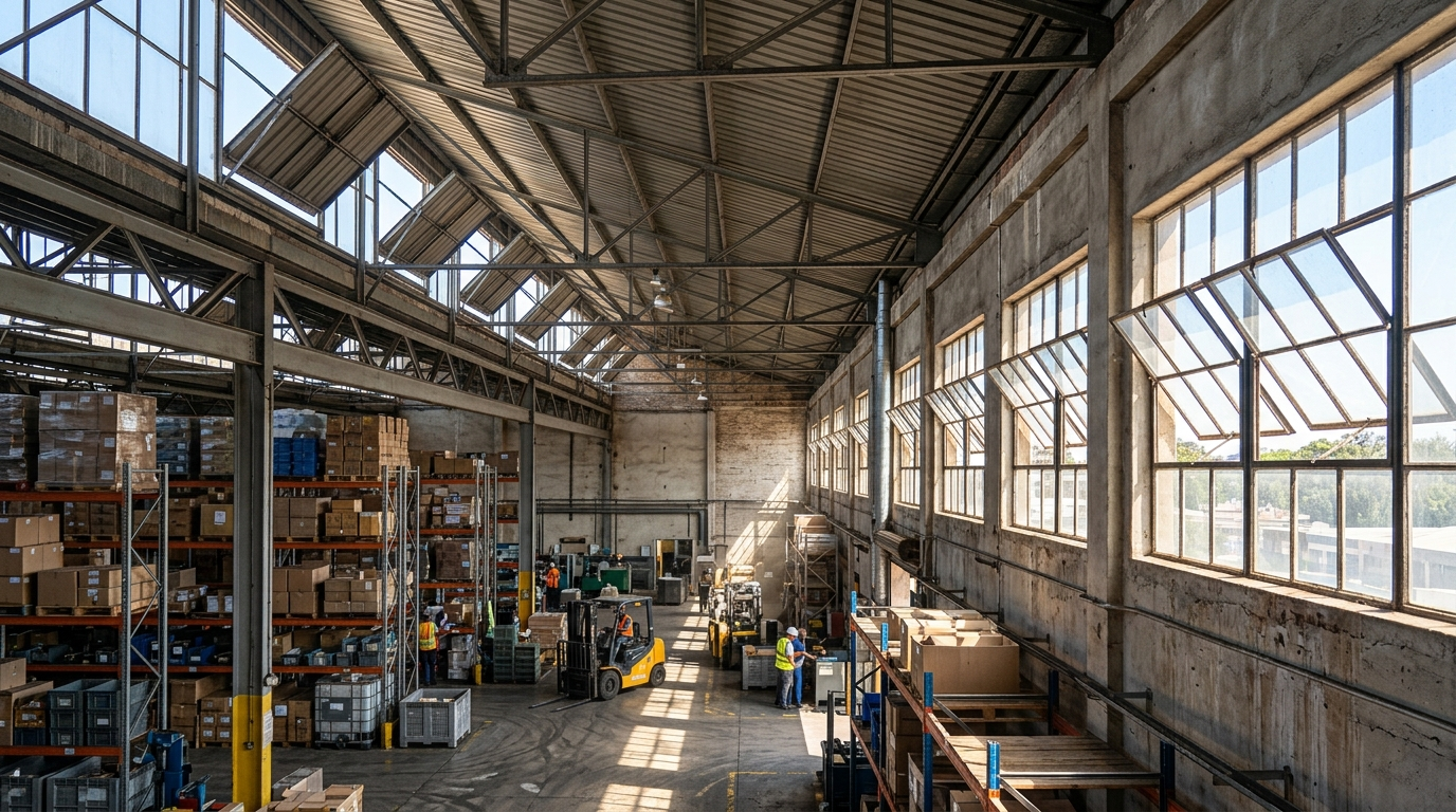 Ventilazione naturale tramite aperture e lucernari in un ambiente industriale