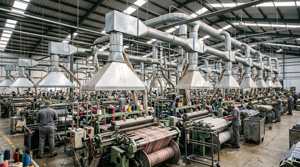 Sistema di aspirazione polveri tessili in un reparto di tessitura industriale