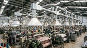 Sistema di aspirazione polveri tessili in un reparto di tessitura industriale