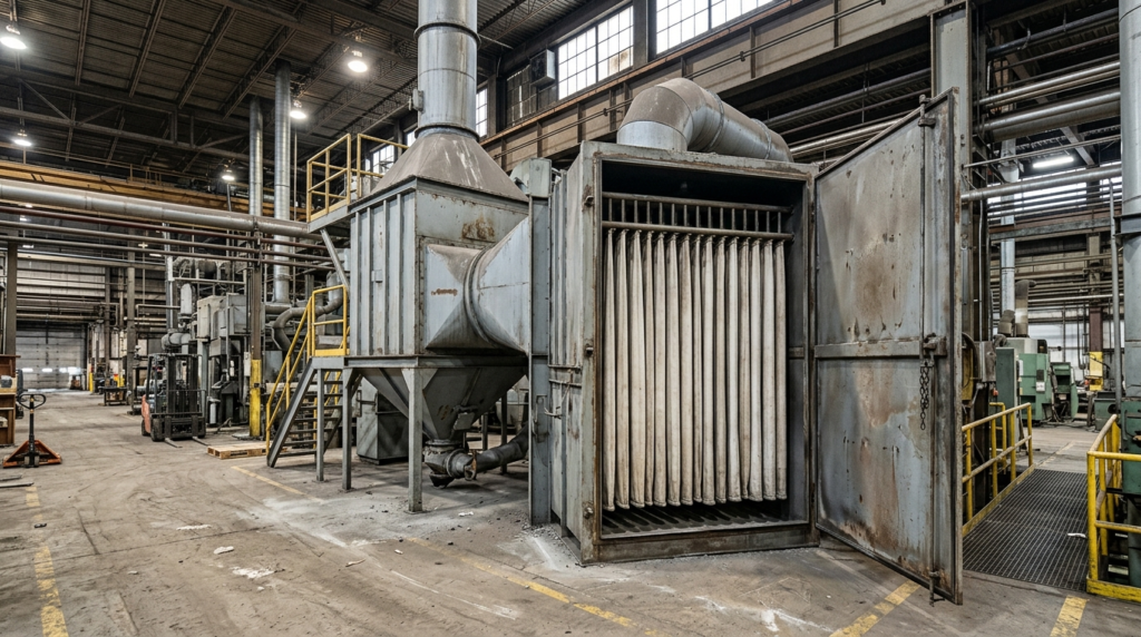 Filtro a maniche industriale con sistema di pulizia pulse-jet in un impianto produttivo