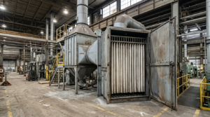 Filtro a maniche industriale con sistema di pulizia pulse-jet in un impianto produttivo