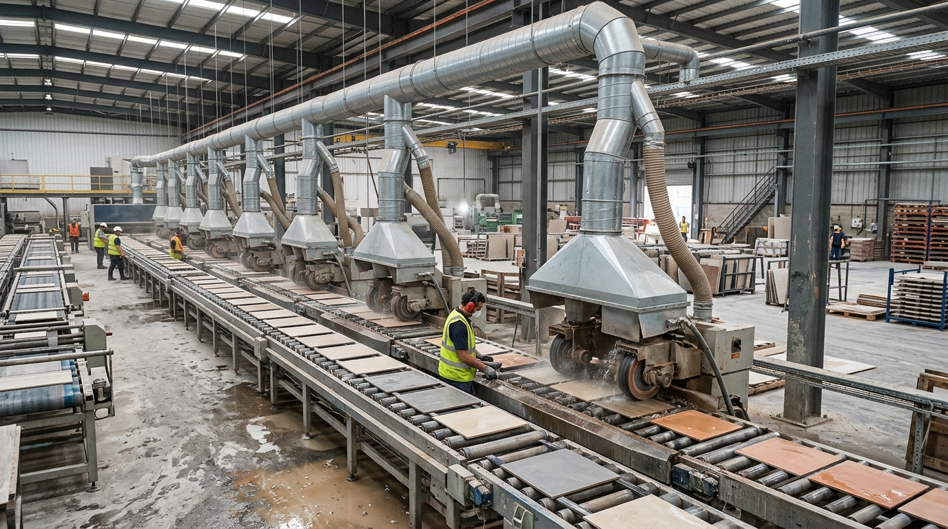 Aspirazione polveri di silice su una linea di rettifica ceramica