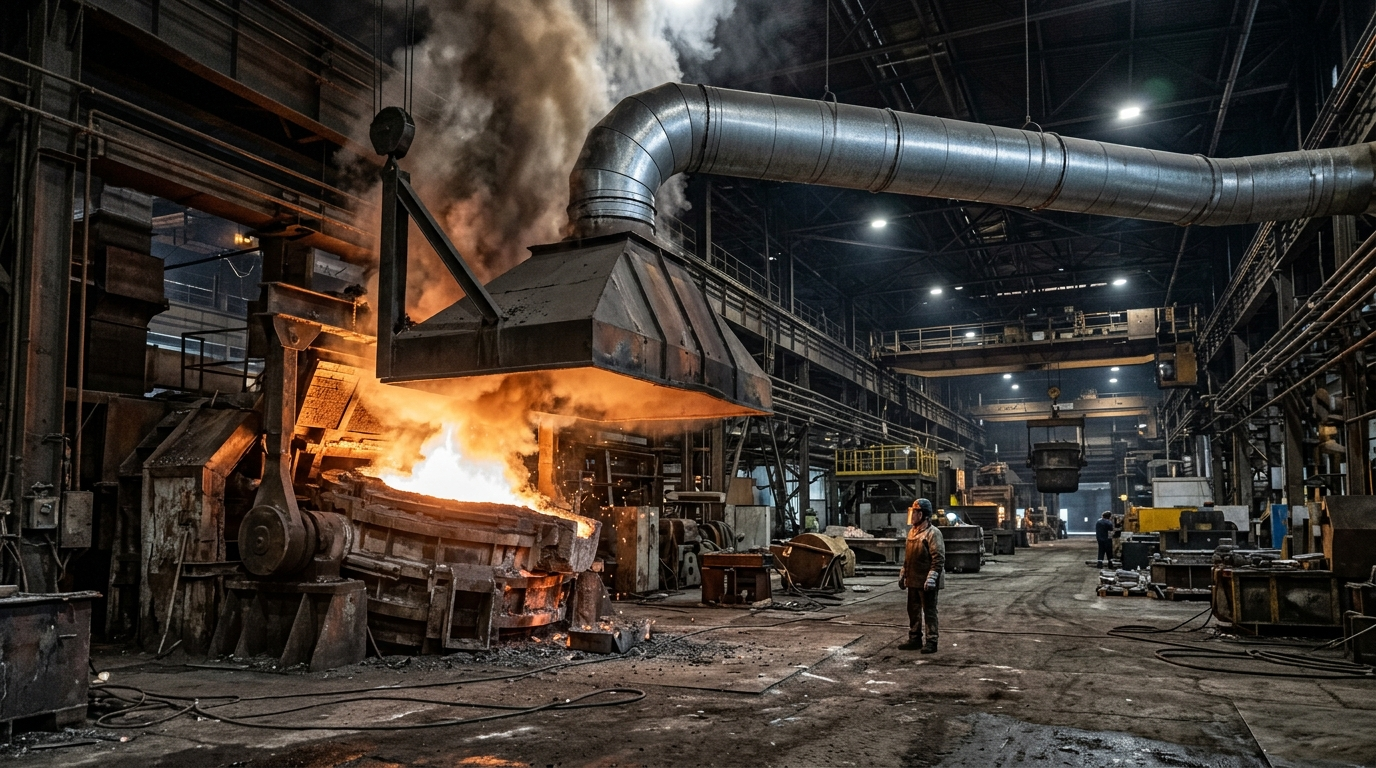 Sistema di aspirazione fumi di fonderia su un forno di fusione industriale