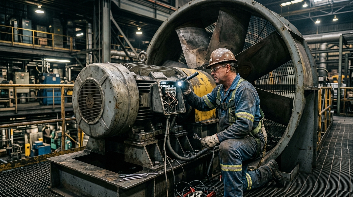 Manutenzione di un ventilatore industriale in un impianto di aspirazione