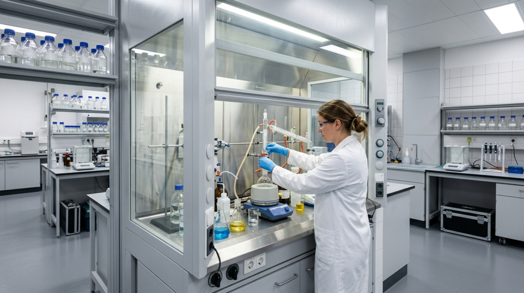 Cappa aspirante da laboratorio chimico durante una manipolazione di sostanze volatili