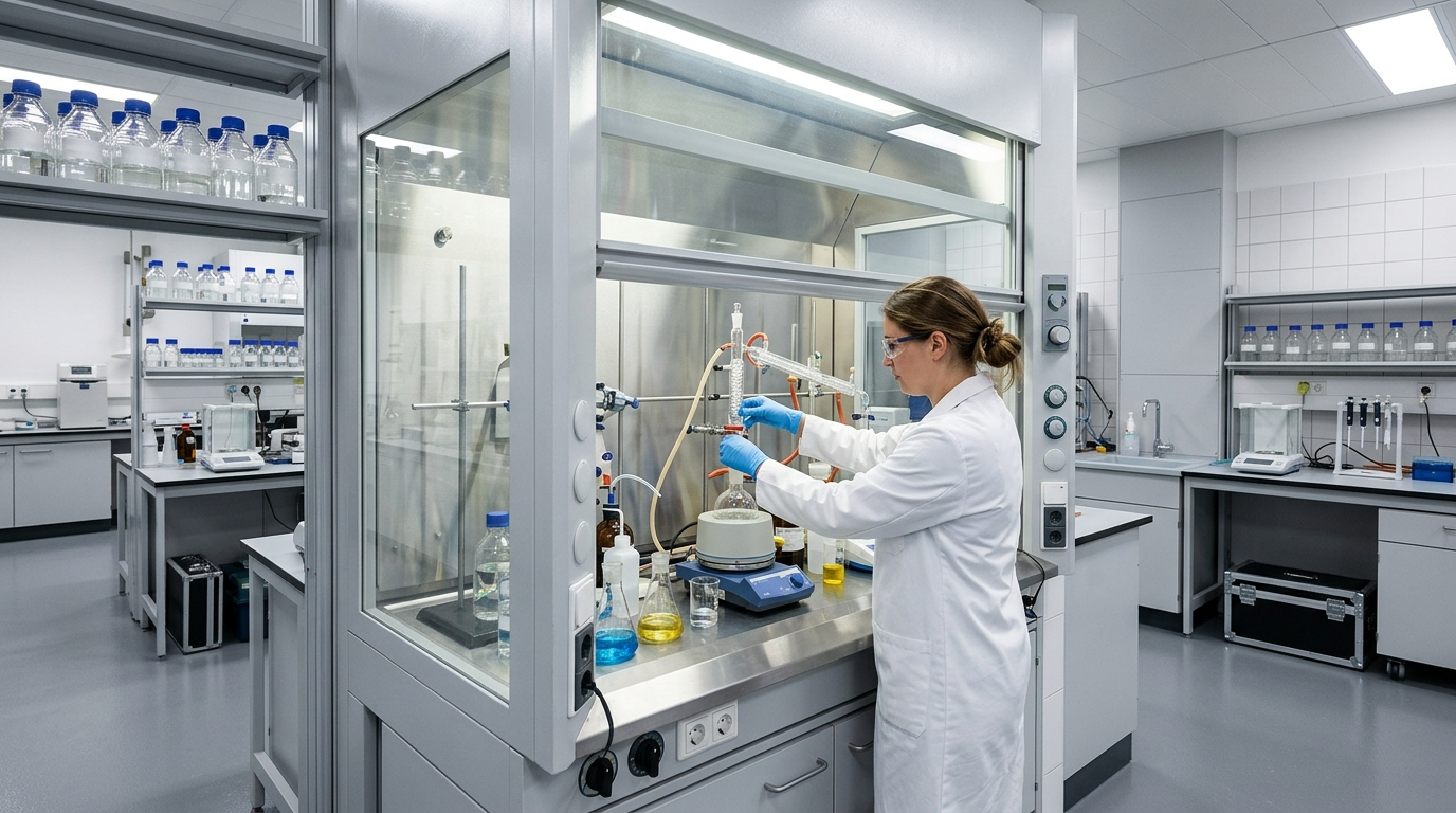 Cappa aspirante da laboratorio chimico durante una manipolazione di sostanze volatili