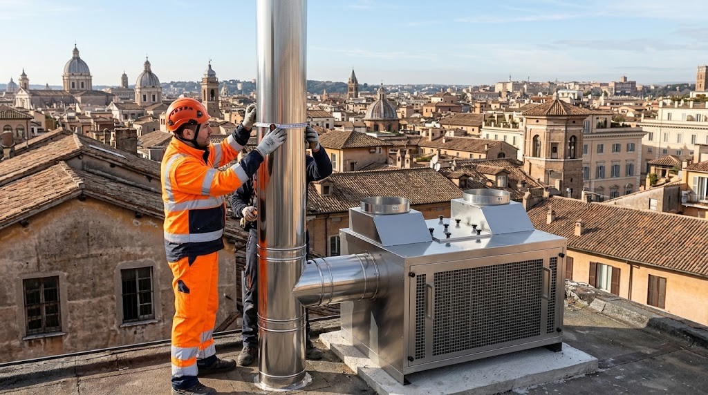 Abbattitore di fuliggine ad acqua AIRMEC installato sul tetto e collegato alla canna fumaria, con tecnico che misura il diametro del camino