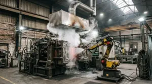 Robot spruzza il distaccante sullo stampo aperto di una pressa di pressofusione e la nebbia sale verso la cappa di aspirazione