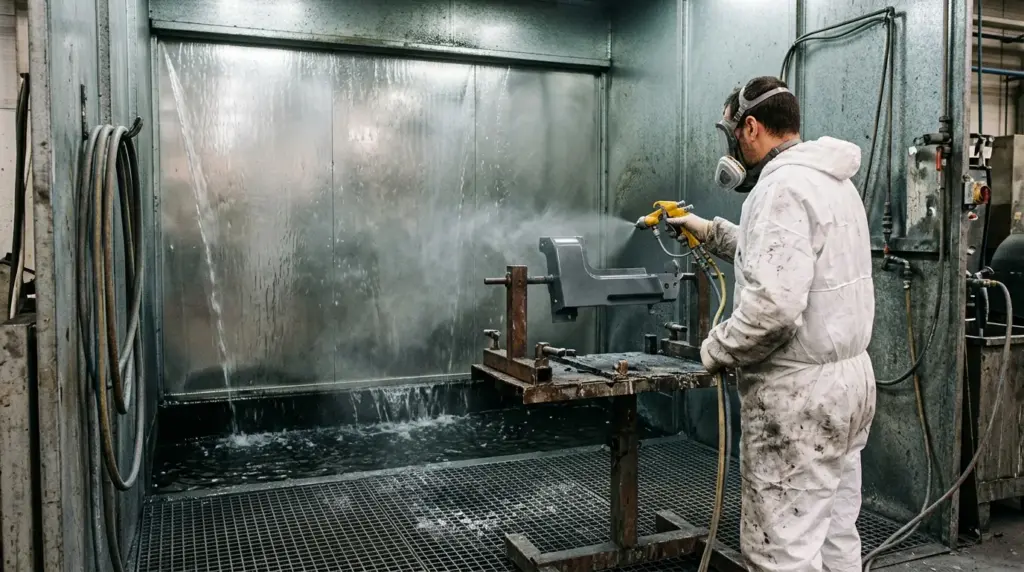 Verniciatore in tuta bianca al lavoro in una cabina di verniciatura a velo d'acqua con la lama d'acqua che scorre sulla parete di fondo