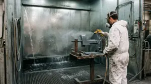 Verniciatore in tuta bianca al lavoro in una cabina di verniciatura a velo d'acqua con la lama d'acqua che scorre sulla parete di fondo